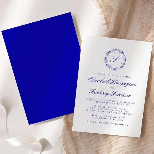 Royal Blue Monogram Wreath Script Wedding Kaart