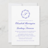 Royal Blue Monogram Wreath Script Wedding Kaart (Voorkant)