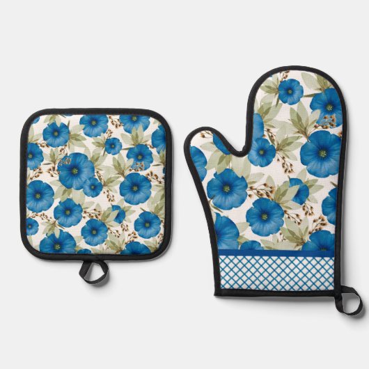 Royal Blue Morning Glories en rooster werk Ovenwant & Pannenlap Set (Voorkant)