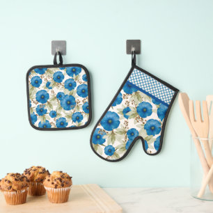 Royal Blue Morning Glories en rooster werk Ovenwant & Pannenlap Set