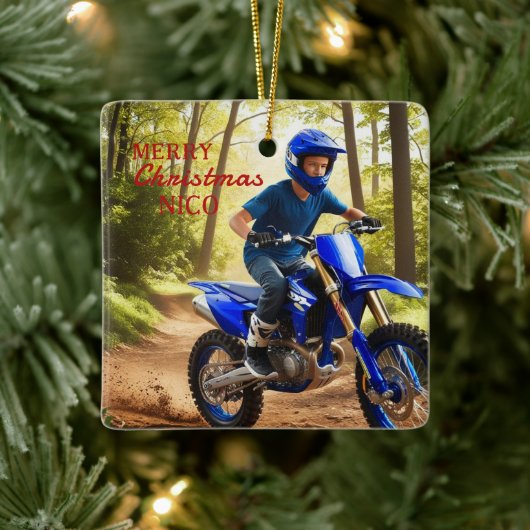 Royal Blue Motorcross Enthusiast Christmas Ornamen Keramisch Ornament (Boom)