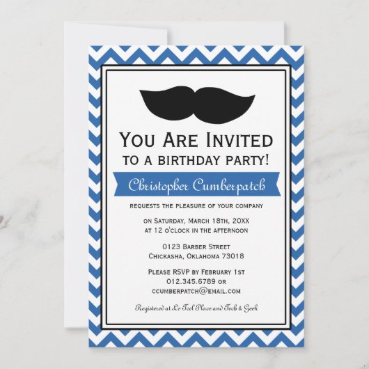 Royal Blue Mustache Chevron Birthday Party Kaart (Voorkant)