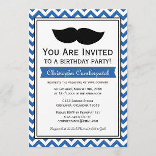 Royal Blue Mustache Chevron Birthday Party Kaart