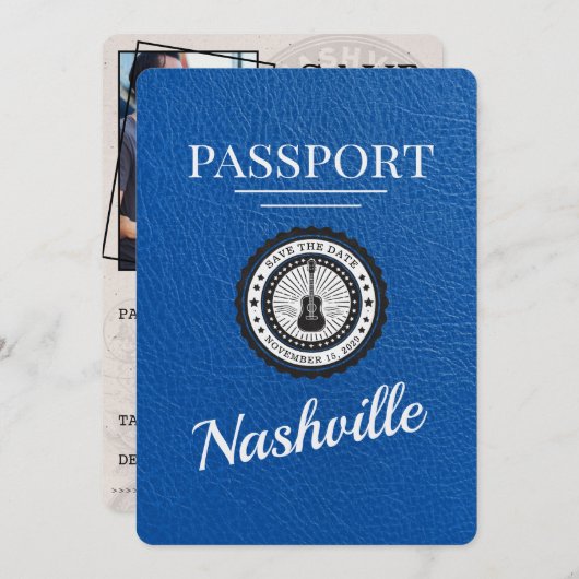 Royal Blue Nashville Passport Bewaar de datum Save The Date (Voorkant / Achterkant)
