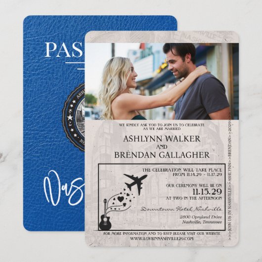 Royal Blue Nashville Passport Wedding Kaart (Voorkant / Achterkant)