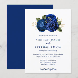 Royal Blue Navy Gold Floral Winter Fall Wedding Kaart