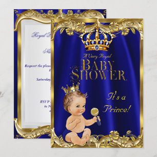 Royal Blue Navy Gold Prince Baby shower Brunette Kaart