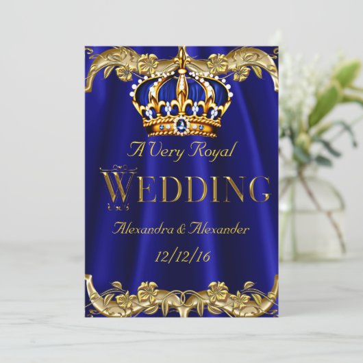 Royal Blue Navy Wedding Gold Crown 2 Kaart (Staand voorkant)