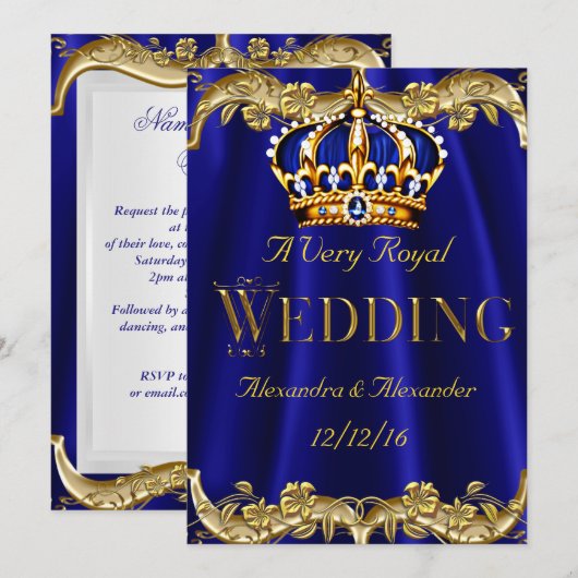 Royal Blue Navy Wedding Gold Crown 2 Kaart (Voorkant / Achterkant)
