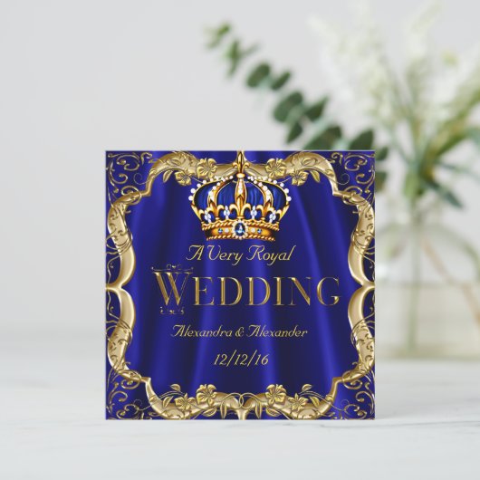 Royal Blue Navy Wedding Gold Crown 2 Kaart (Staand voorkant)