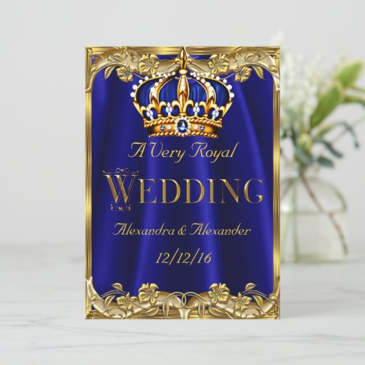 Royal Blue Navy Wedding Gold Crown 3 Kaart (Staand voorkant)