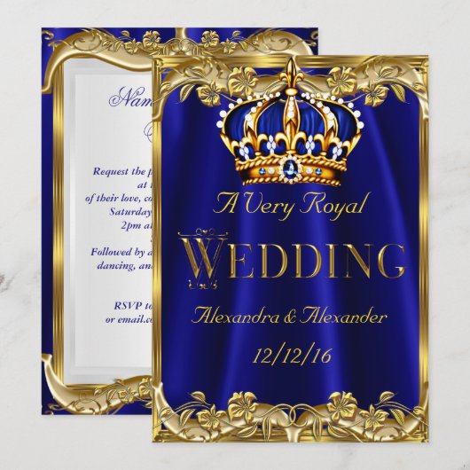 Royal Blue Navy Wedding Gold Crown 3 Kaart (Voorkant / Achterkant)