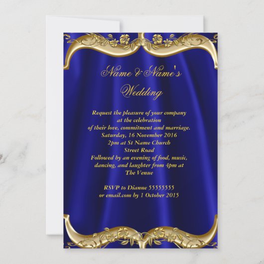 Royal Blue Navy Wedding Gold Crown Kaart (Achterkant)
