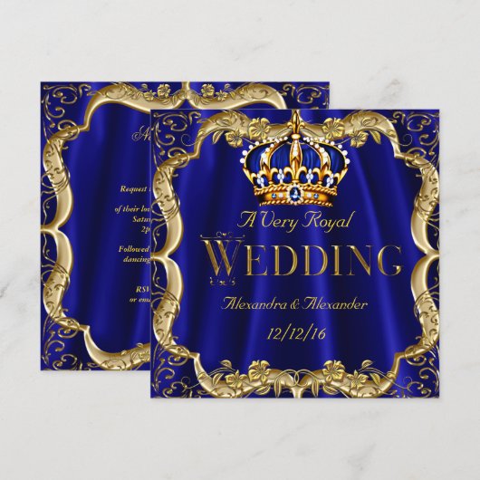 Royal Blue Navy Wedding Gold Crown Kaart (Voorkant / Achterkant)