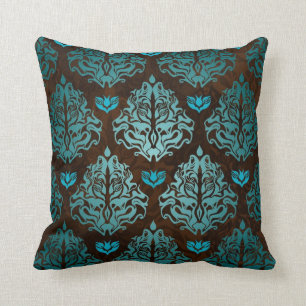Royal Blue op Brown Retro Damask Luxury Decoratief Kussen