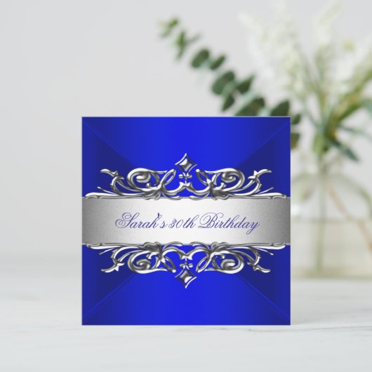 Royal Blue op Silver 30th Birthday Party Kaart (Staand voorkant)