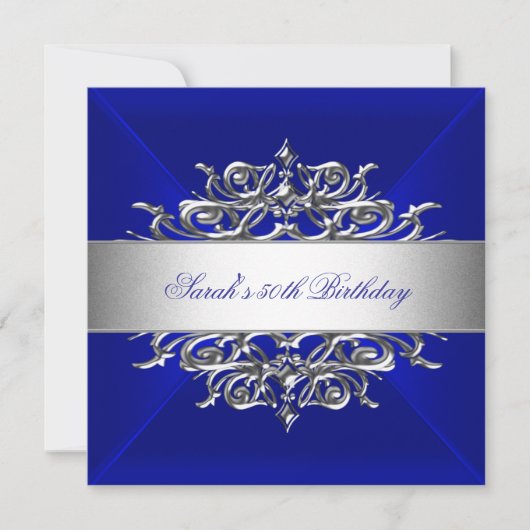 Royal Blue op Silver 50th Birthday Party Kaart (Voorkant)