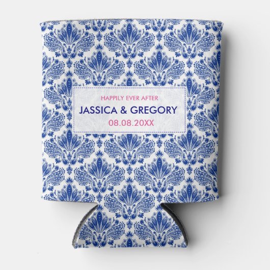 Royal Blue op White Elegant Damaskers Blikjeskoeler (Voorkant)