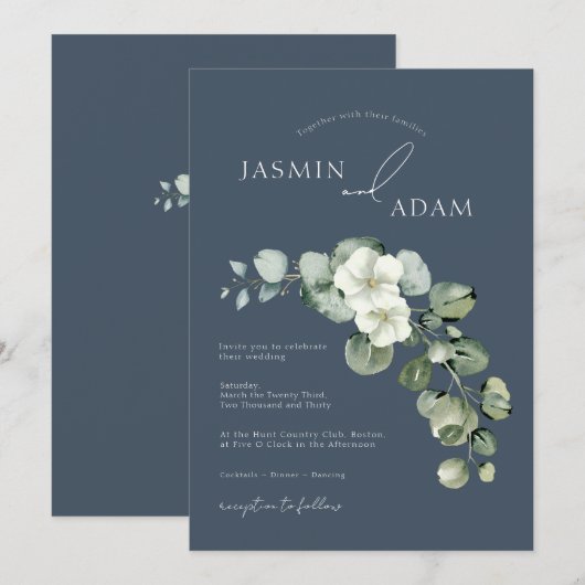 Royal Blue Opulence Eucalyptus Bladgroen Bruiloft Kaart (Voorkant / Achterkant)