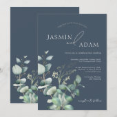 Royal Blue Opulence Eucalyptus Monogram Bruiloft Kaart (Voorkant / Achterkant)