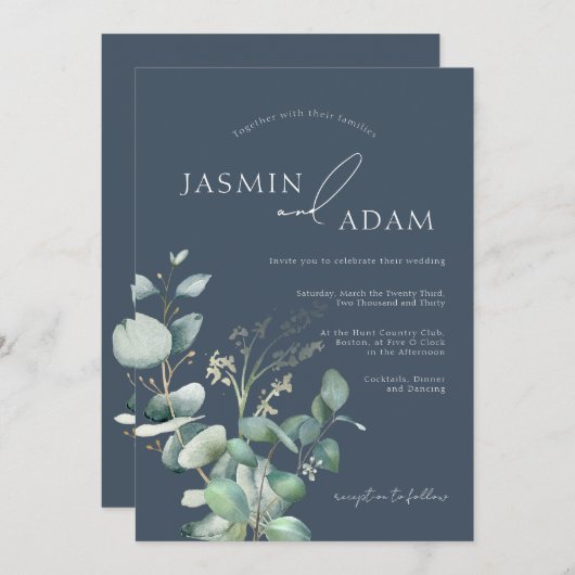 Royal Blue Opulence Eucalyptus Monogram Bruiloft Kaart (Voorkant / Achterkant)