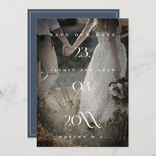 Royal Blue Opulence Minimale foto bruiloft Save The Date (Voorkant / Achterkant)
