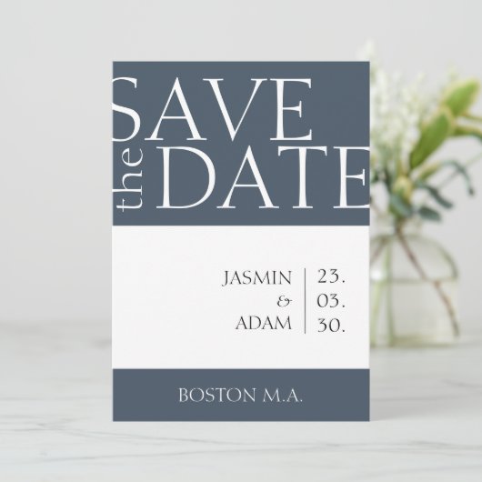 Royal Blue Opulence Minimale Typografie Bruiloft Save The Date (Staand voorkant)