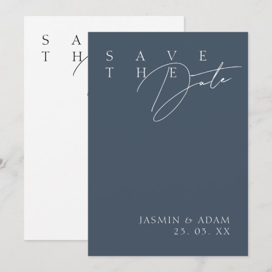 Royal Blue Opulence Moderne Typografie Bruiloft Save The Date (Voorkant / Achterkant)