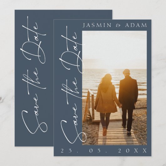 Royal Blue Opulence Typografie Foto Bruiloft Save The Date (Voorkant / Achterkant)
