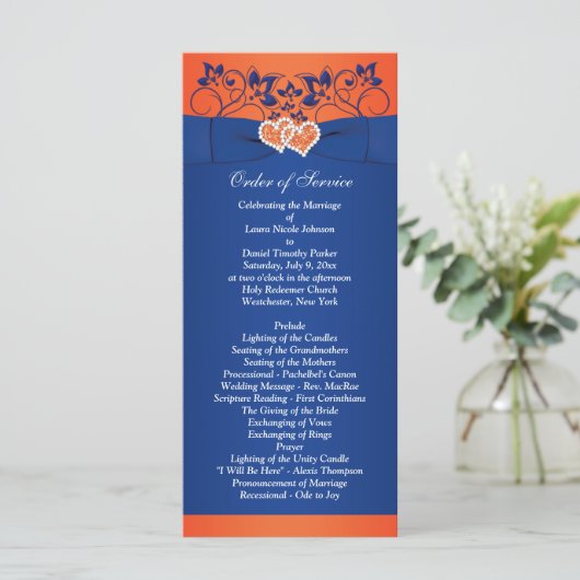 Royal Blue, Oranje Bloemen, Harten Trouwprogramma Programmakaart (Staand voorkant)