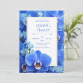 Royal Blue Orchid Modern Tropical Wedding Kaart (Staand voorkant)