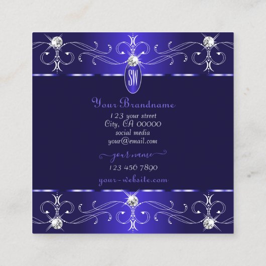 Royal Blue  Ornamenten Monogram Vierkante Visitekaartje (Achterkant)