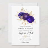 Royal Blue, Paars and Gold Floral Wedding Kaart (Voorkant)