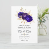 Royal Blue, Paars and Gold Floral Wedding Kaart (Staand voorkant)