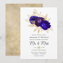 Royal Blue, Paars and Gold Floral Wedding Kaart