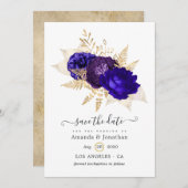 Royal Blue, Paars and Gold Floral Wedding Save The Date (Voorkant / Achterkant)