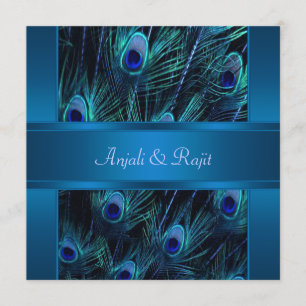 Royal Blue Paars Peacock Feathers Wedding Kaart