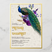 Royal Blue Paarse Bloemen Indiase Peacock Bruiloft Folie Uitnodiging (Voorkant)