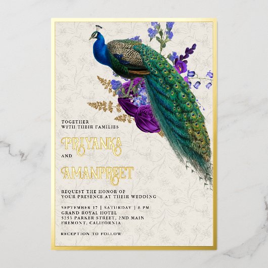 Royal Blue Paarse Bloemen Indiase Peacock Bruiloft Folie Uitnodiging (Voorkant)