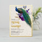 Royal Blue Paarse Bloemen Indiase Peacock Bruiloft Folie Uitnodiging (Staand Voorkant)