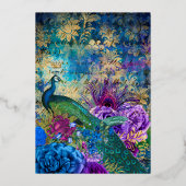 Royal Blue Paarse Bloemen Indiase Peacock Bruiloft Folie Uitnodiging (Achterkant)