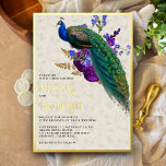 Royal Blue Paarse Bloemen Indiase Peacock Bruiloft Folie Uitnodiging<br><div class="desc">Verras uw gasten met deze elegante bruiloft uitnodiging met een prachtige pauw met prachtige bloemen. Voeg eenvoudig uw evenementgegevens toe aan deze gebruiksvriendelijke sjabloon om er een unieke uitnodiging van te maken. Draai de kaart om om een rustieke ontkoppelingskunst aan de achterkant van de kaart te onthullen.</div>