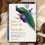 Royal Blue Paarse Bloemen Indiase Peacock Bruiloft Kaart<br><div class="desc">Verras uw gasten met deze elegante bruiloft uitnodiging met een prachtige pauw met prachtige bloemen. Voeg eenvoudig uw evenementgegevens toe aan deze gebruiksvriendelijke sjabloon om er een unieke uitnodiging van te maken. Draai de kaart om om een rustieke ontkoppelingskunst aan de achterkant van de kaart te onthullen.</div>