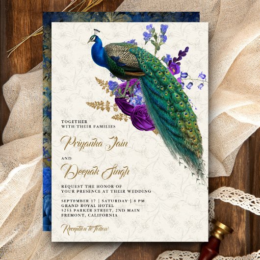 Royal Blue Paarse Bloemen Indiase Peacock Bruiloft Kaart