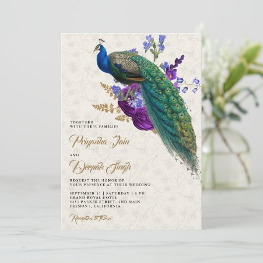 Royal Blue Paarse Bloemen Indiase Peacock Bruiloft Kaart (Staand voorkant)