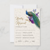 Royal Blue Paarse Bloemen Indiase Peacock Bruiloft RSVP Kaartje (Voorkant)