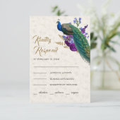 Royal Blue Paarse Bloemen Indiase Peacock Bruiloft RSVP Kaartje (Staand voorkant)