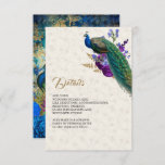Royal Blue Paarse Bloemen Peacock Bruiloft Details Informatiekaartje<br><div class="desc">Elegante bijzetkaart met een prachtige pauw met prachtige bloemen.</div>