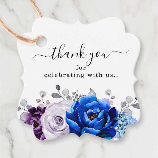 Royal Blue Paarse Blooms Wedding Bedankt Bedankjes Labels (Voorkant)