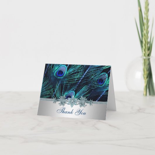 Royal Blue Paarse Peacock Feathers Wedding Bedankkaart (Voorkant)
